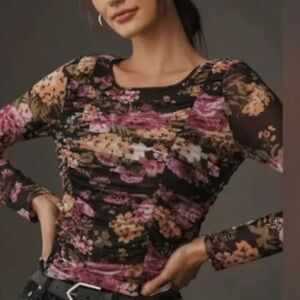 Maeve Long-Sleeve Sheer Ruched Black & Pink Floral Top in Small EUC